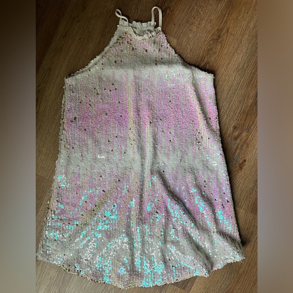 TCEC White and pink sequin halter high mini neck dress.  Size small. - Picture 6 of 8